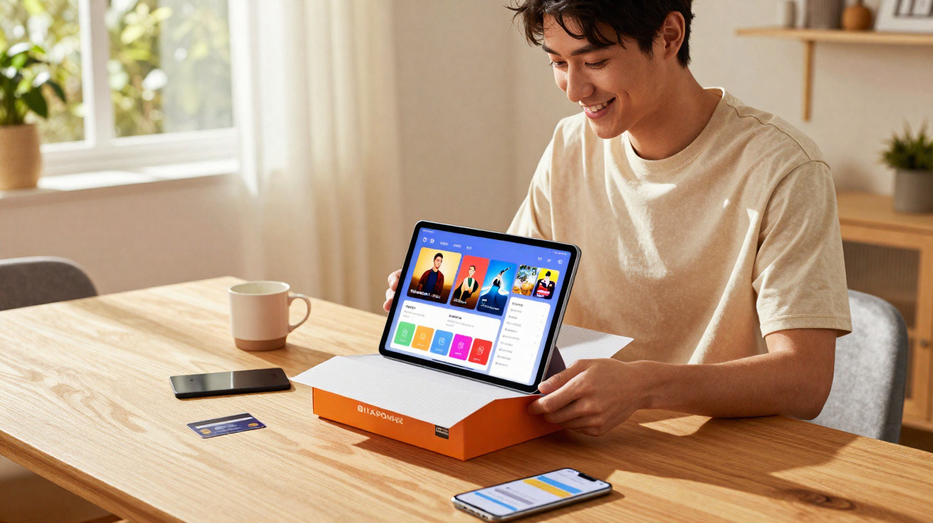 Junger Mann öffnet eine Box und betrachtet ein Tablet mit bunter App-Oberfläche an einem Holztisch.