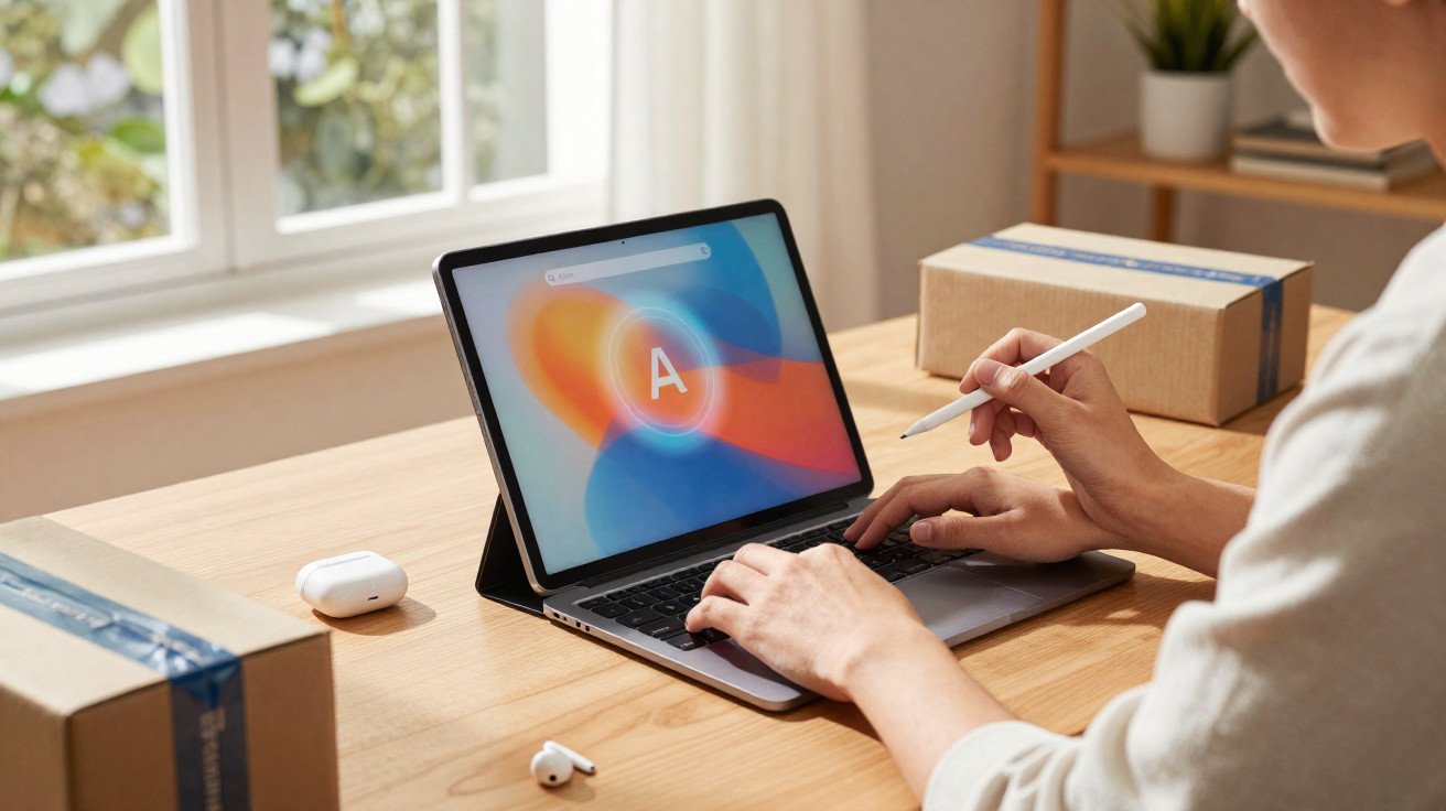Person arbeitet mit Stylus und Laptop-Tablet-Hybrid an einem Holztisch mit Kartons und Kopfhörern.