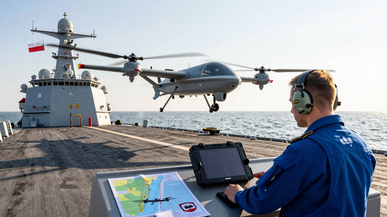 Marineoffizier steuert Drohne auf Kriegsschiff mit Seekarte und Tablet im Außenbereich bei sonnigem Wetter.