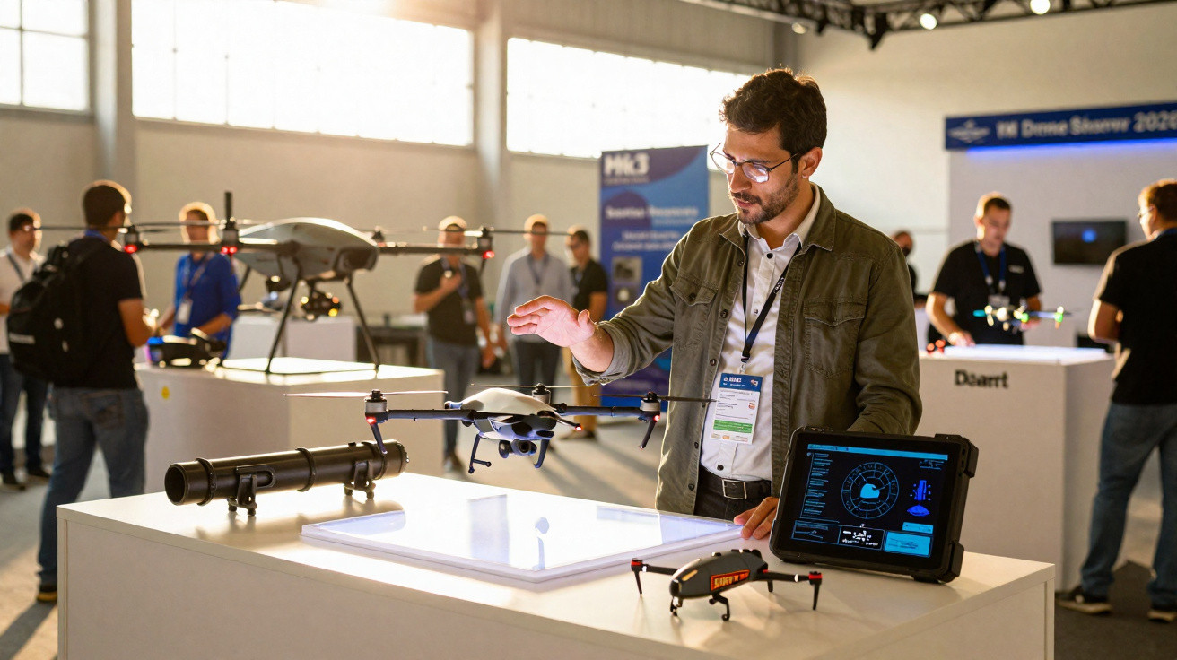 Mann präsentiert Drohnen und Steuergeräte auf einem Technologie-Messe-Stand vor Publikum.
