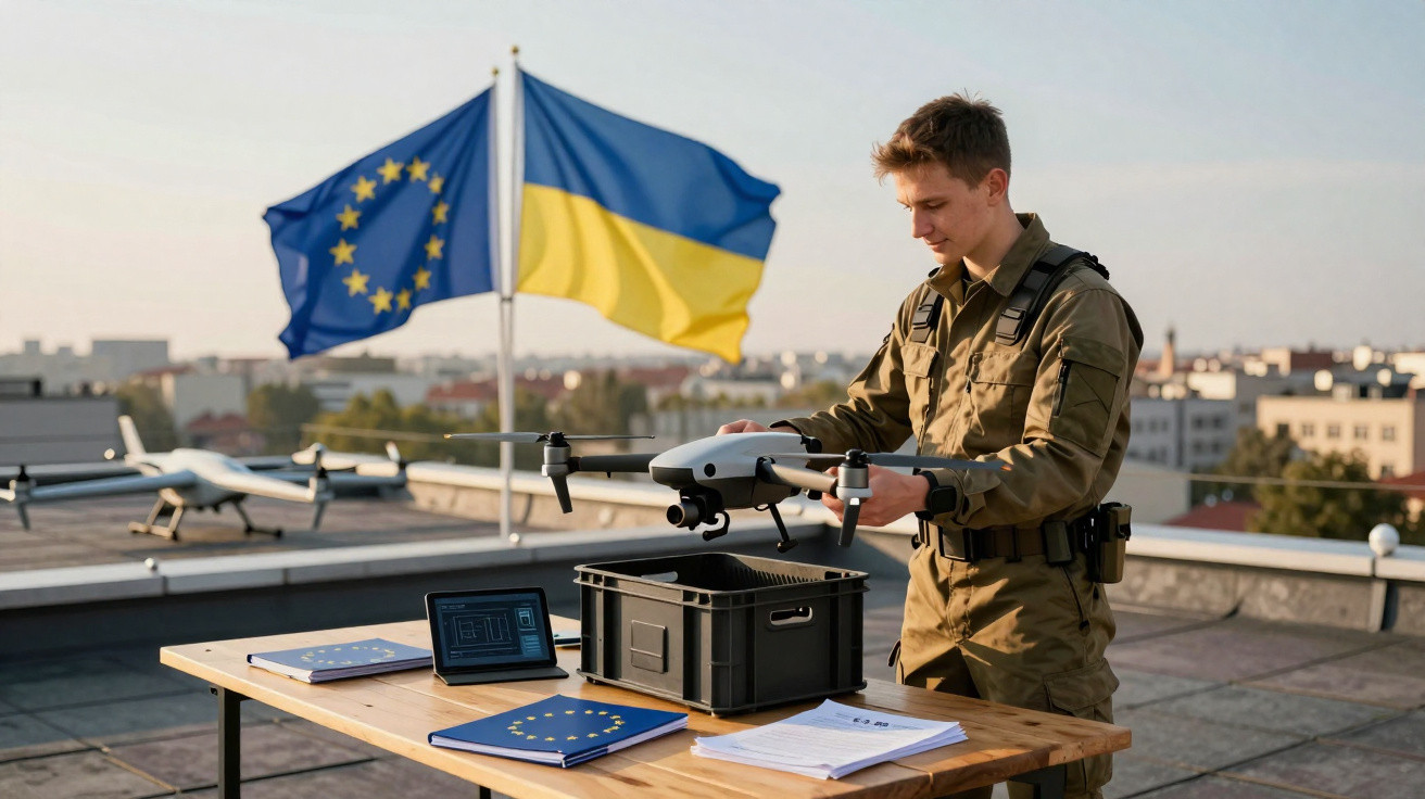 Soldat bereitet Drohne auf Dach mit EU- und Ukraine-Flaggen im Hintergrund vor.