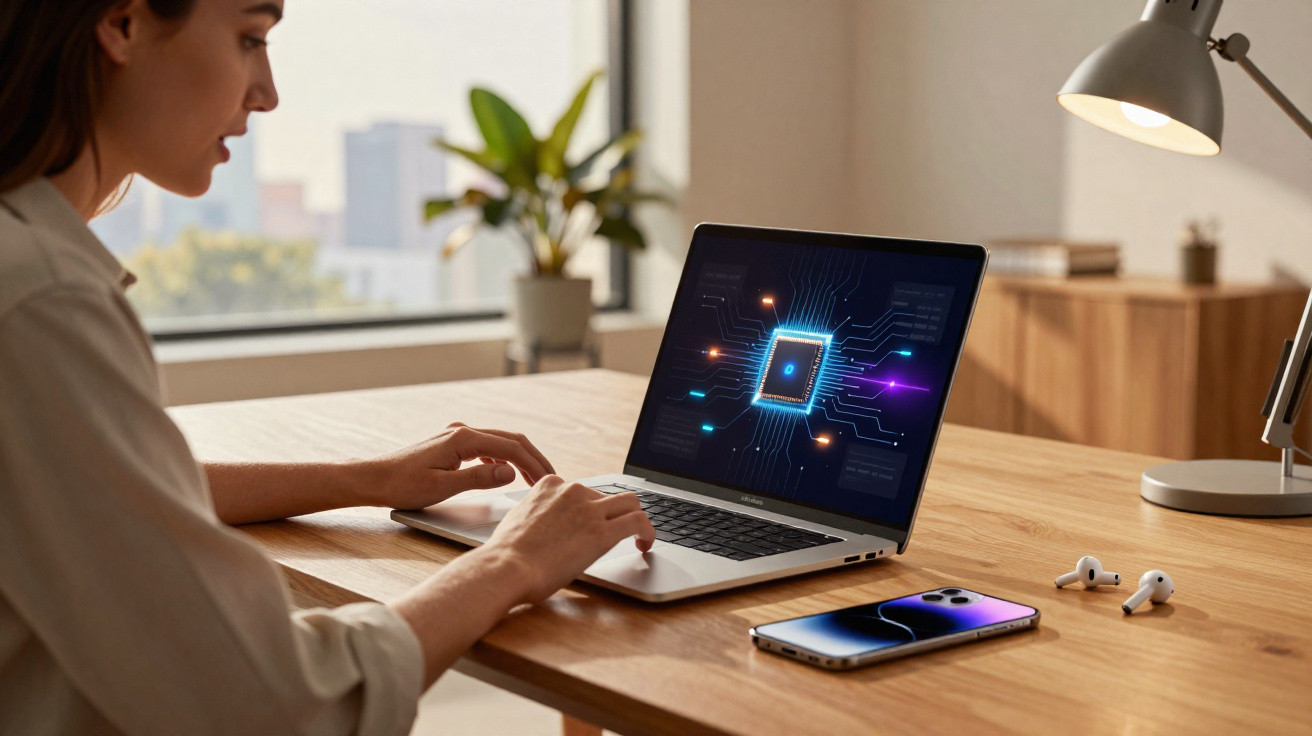 Frau arbeitet am Laptop mit digitaler Mikrochip-Grafik auf dem Bildschirm, Smartphone und AirPods liegen auf dem Tisch.