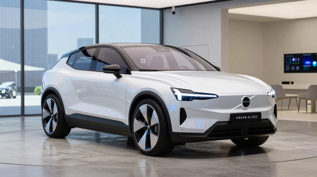 Weißes Volvo SUV Modell AI 2022 steht in einem modernen Showroom mit großen Fenstern.