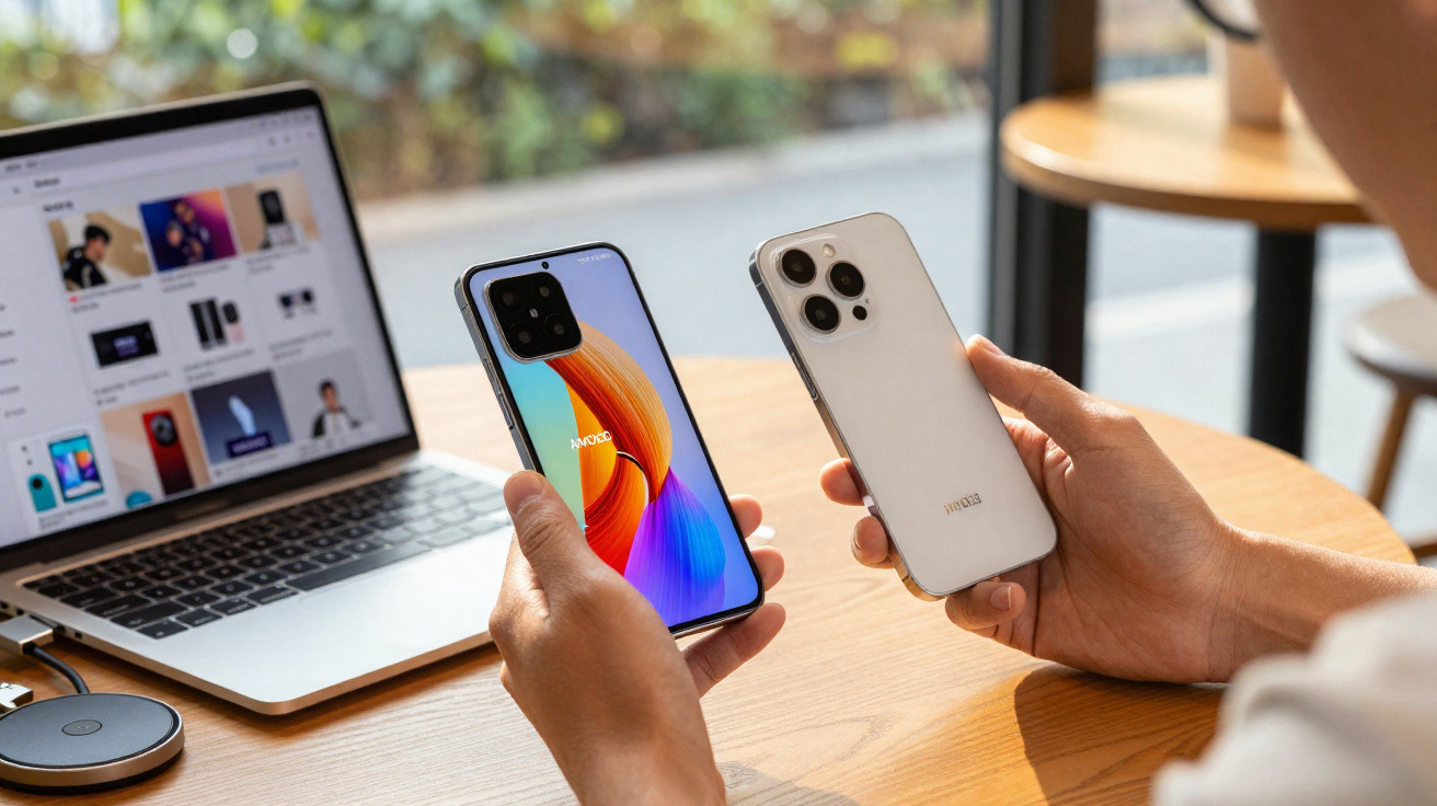 Person vergleicht zwei Smartphones vor einem Laptop auf einem Holztisch in einem hellen Raum.