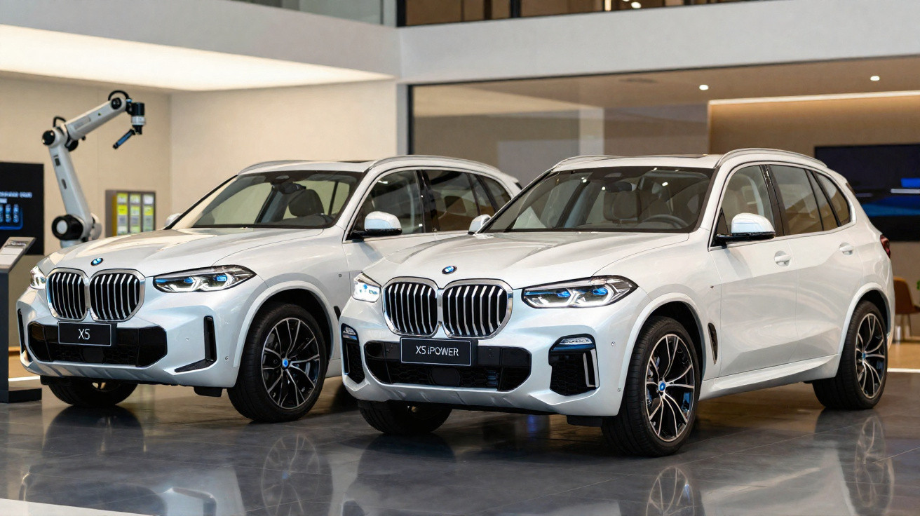 Zwei weiße BMW X5 SUVs stehen nebeneinander in einem modernen Showroom mit futuristischem Roboterarm im Hintergrund.