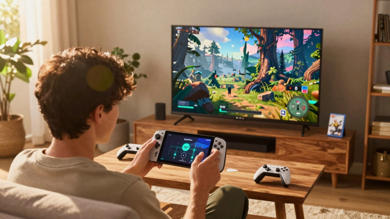 Junger Mann spielt Videospiel auf tragbarer Konsole, Fernseher zeigt farbenfrohes Spiel mit Waldlandschaft.