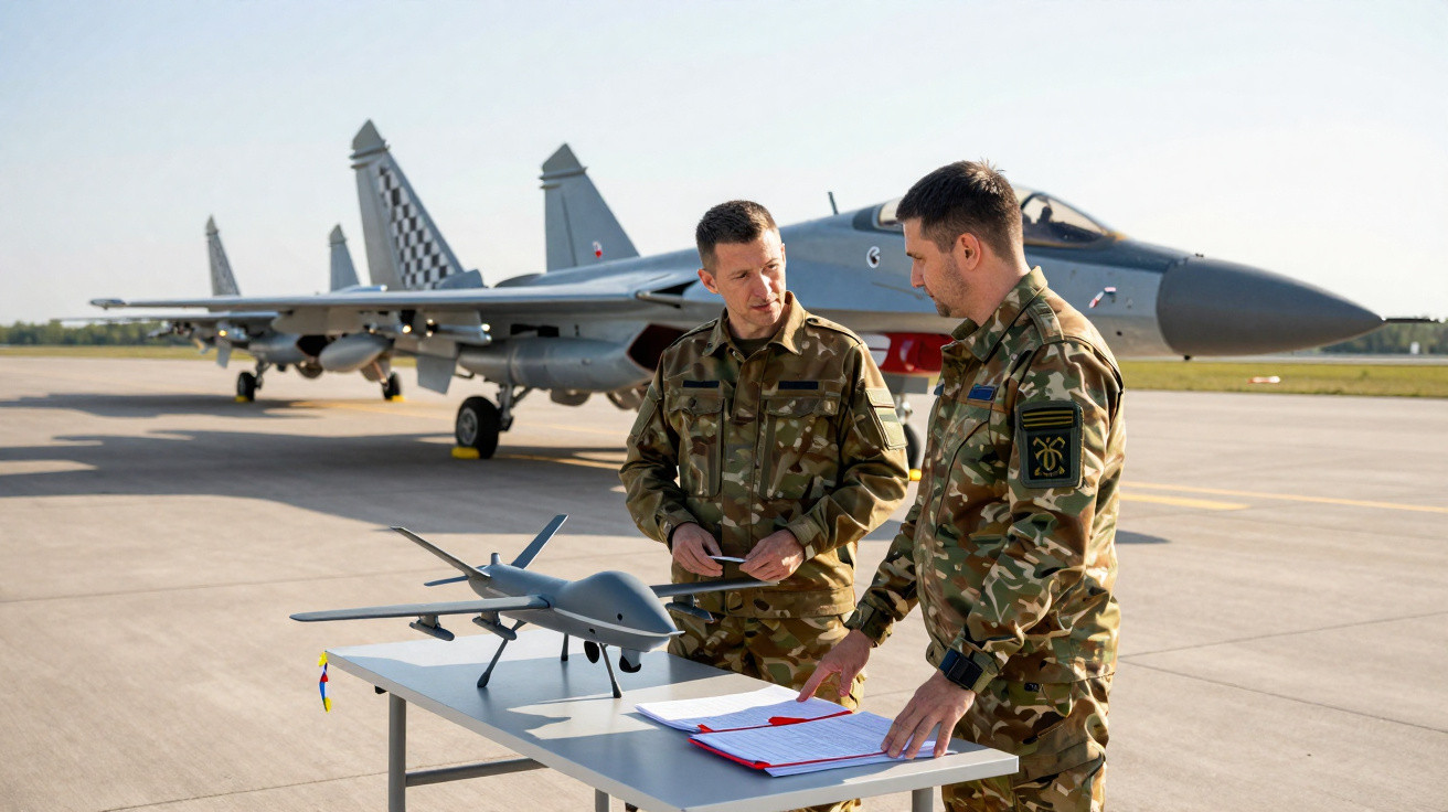 Zwei Soldaten in Tarnuniform prüfen einen Drohnenmodell auf einem Tisch vor Kampfjets auf einem Flugfeld.