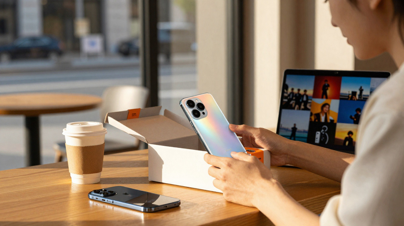 Person packt neues Smartphone aus, neben Kaffee, weiterem Handy und geöffnetem Laptop auf Holztisch in Café.