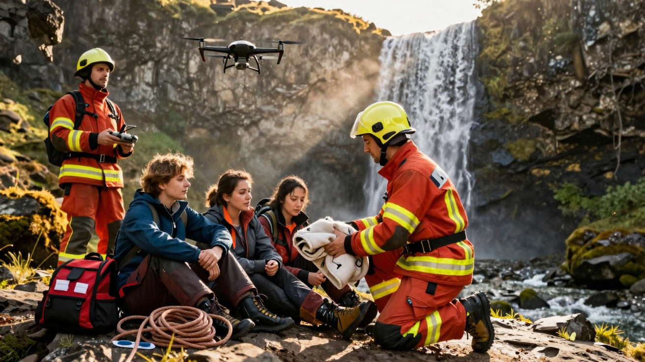 Feuerwehrmann versorgt verletzte Personen mit Wasserfall im Hintergrund während Drohne fliegt.