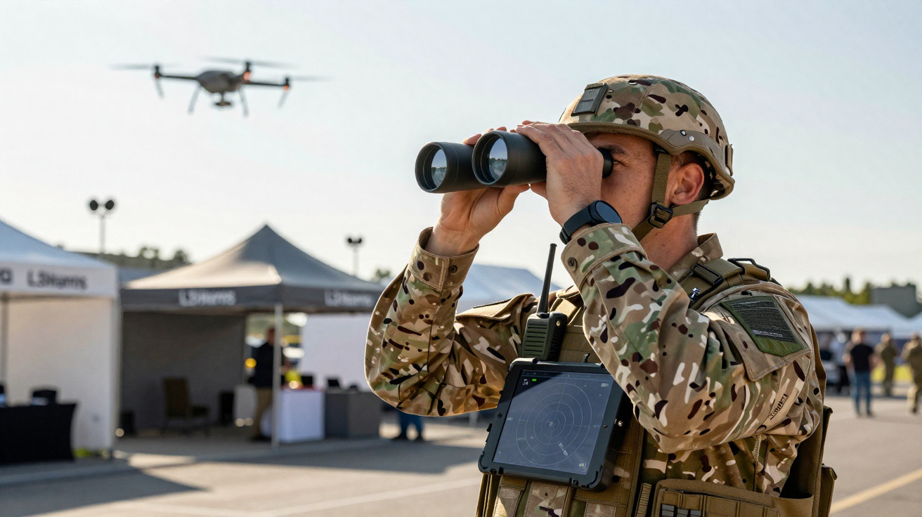 Soldat in Tarnuniform beobachtet mit Fernglas, Drohne fliegt, Zelte im Hintergrund bei klarem Himmel.