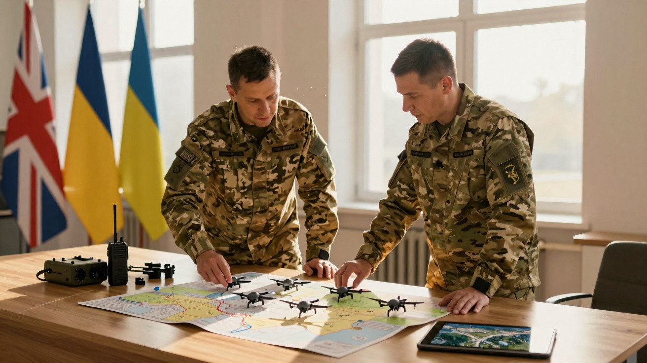 Zwei Soldaten in Tarnuniform planen mit Drohnen auf einer Landkarte in einem Raum mit Ukraine- und UK-Flaggen.