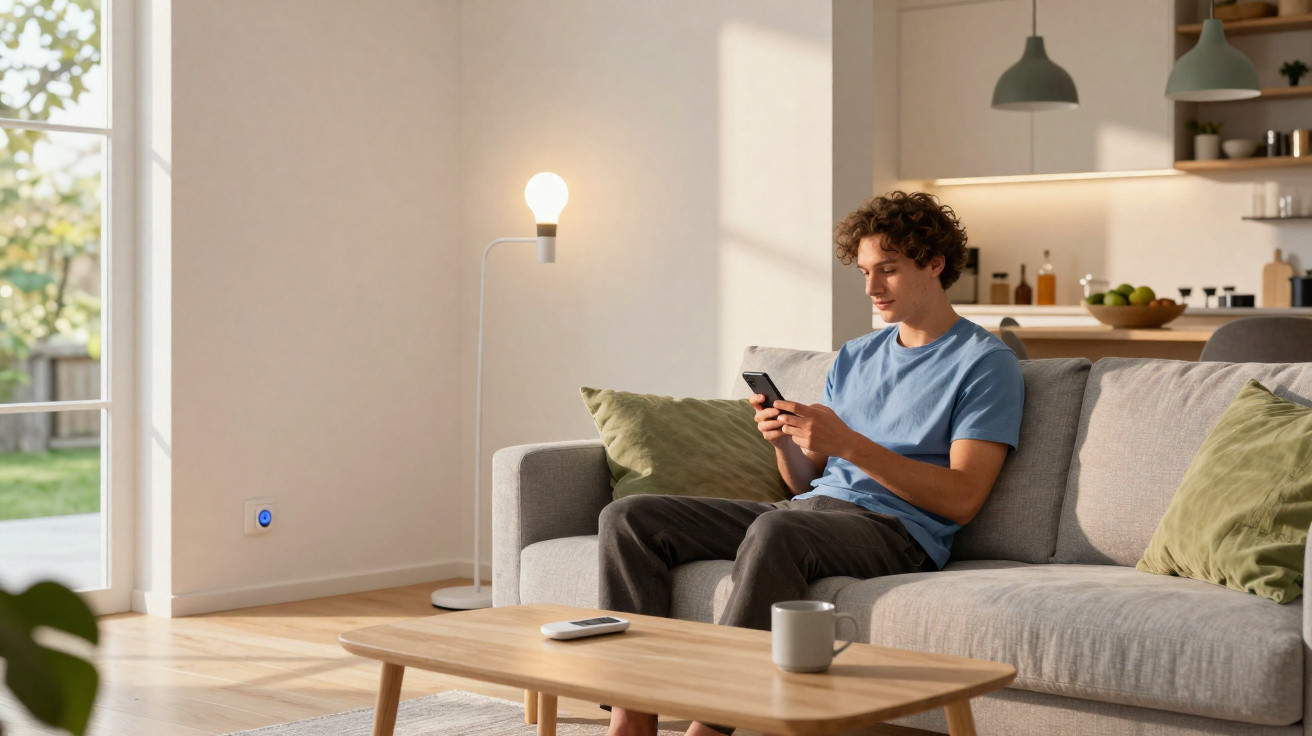 Junger Mann sitzt auf grauem Sofa und nutzt Smartphone in modernem, hellem Wohnzimmer mit Holzdeko.