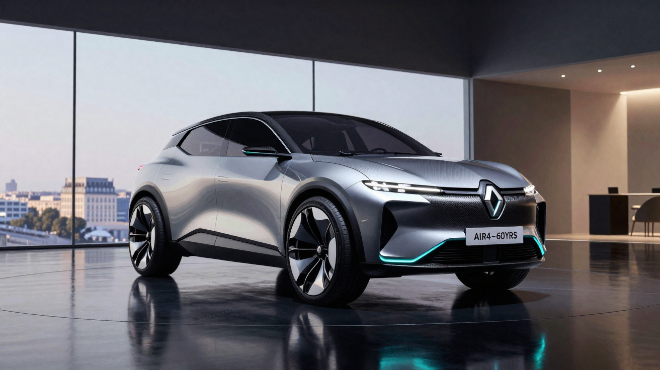 Silberner Renault Elektro-SUV mit LED-Lichtern in modernem Showroom mit Stadtblick im Hintergrund.