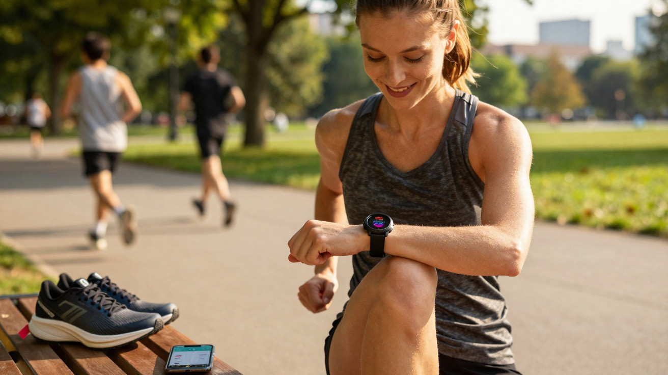 Frau im Sportoutfit kontrolliert Smartwatch beim Sport im Park, Laufschuhe und Smartphone auf Bank.