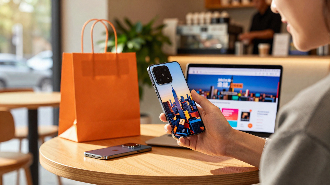Person hält Smartphone mit Skyline-Hintergrund, Laptop und orangefarbene Einkaufstüte auf rundem Holztisch im Café.