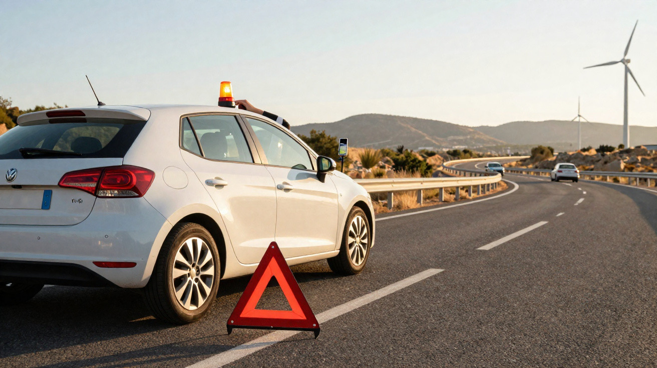 Weißes Auto mit Warnblinker und Warndreieck auf Landstraße, Windräder und Hügel im Hintergrund.