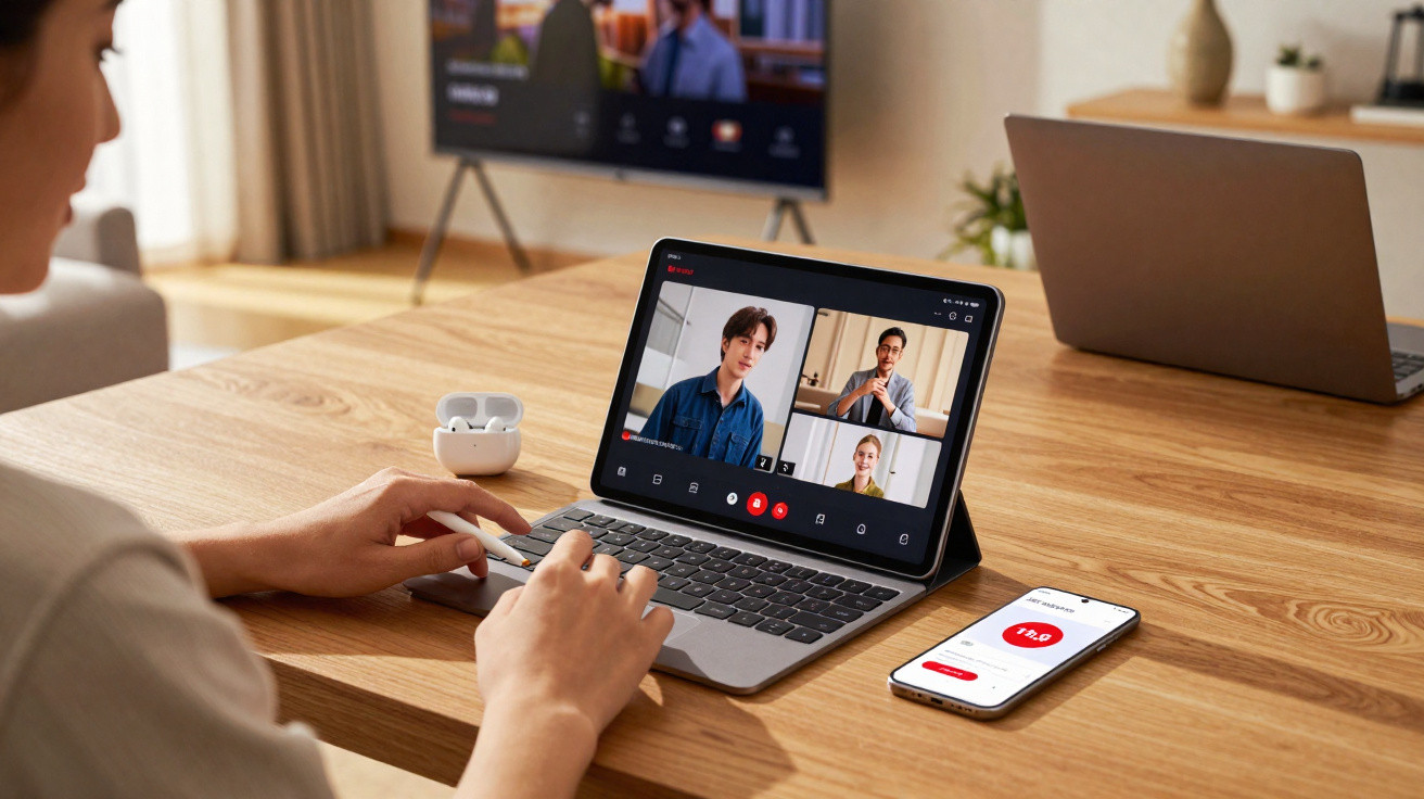 Person nimmt mit Tablet und Tastatur an Videokonferenz teil, daneben Smartphone und kabellose Kopfhörer auf Holztisch.
