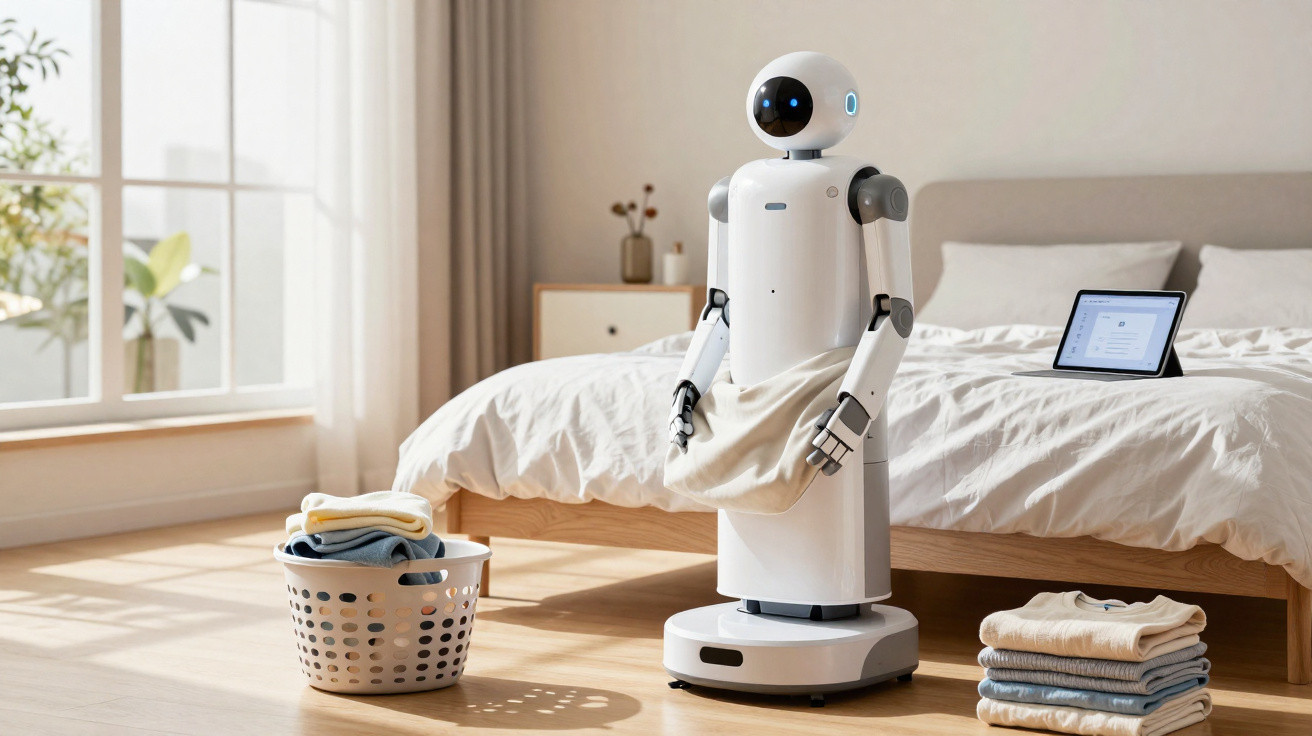 Moderner Haushaltsroboter faltet Wäsche im hellen Schlafzimmer neben einem Bett mit Tablet.