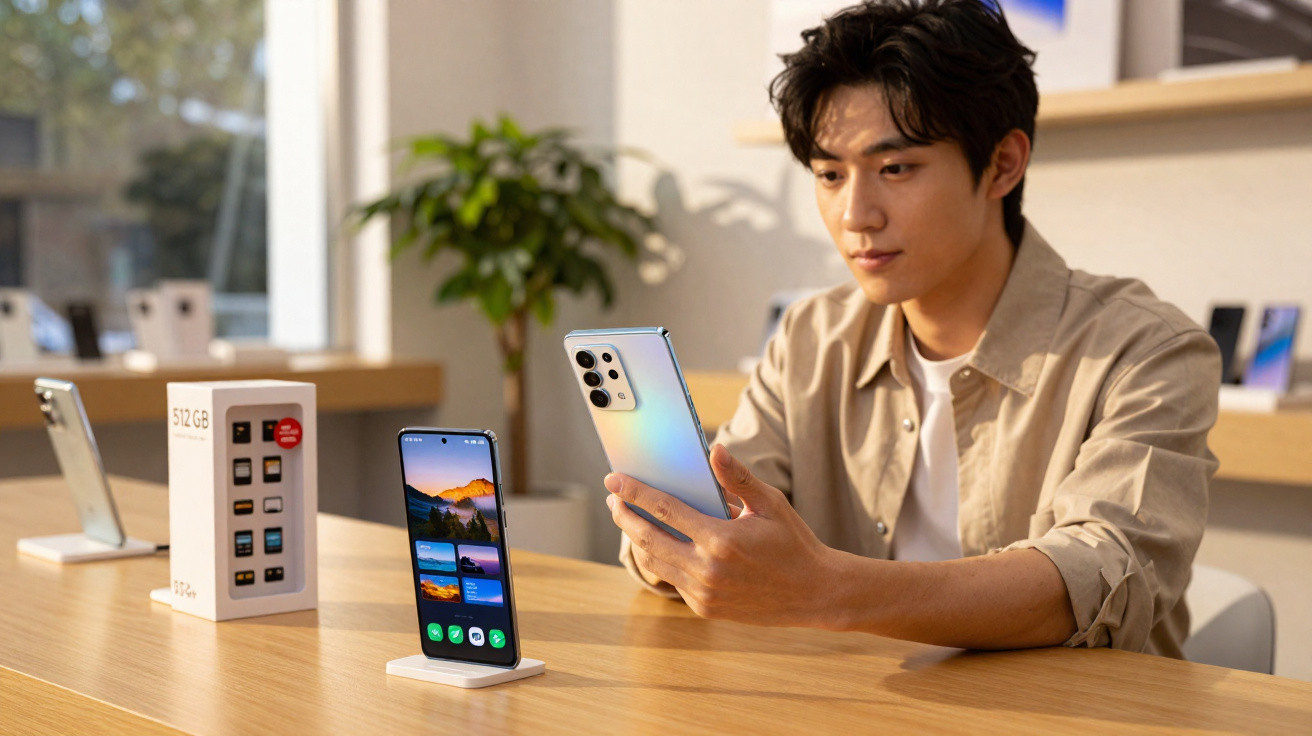 Junger Mann testet Smartphone in hellem Elektronikgeschäft mit weiteren ausgestellten Handys auf Tisch.
