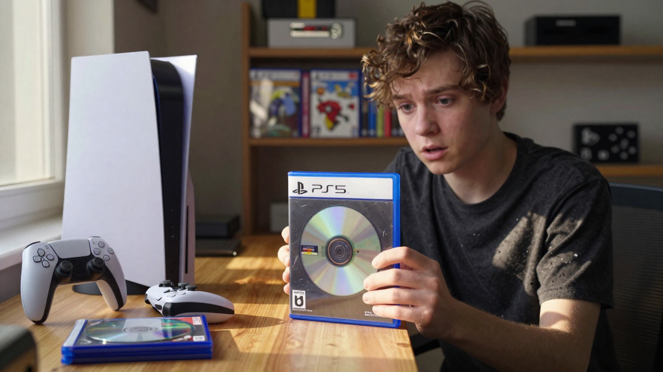 Junger Mann hält PS5-Spielhülle und sitzt am Tisch mit PS5-Konsole und Controllern.