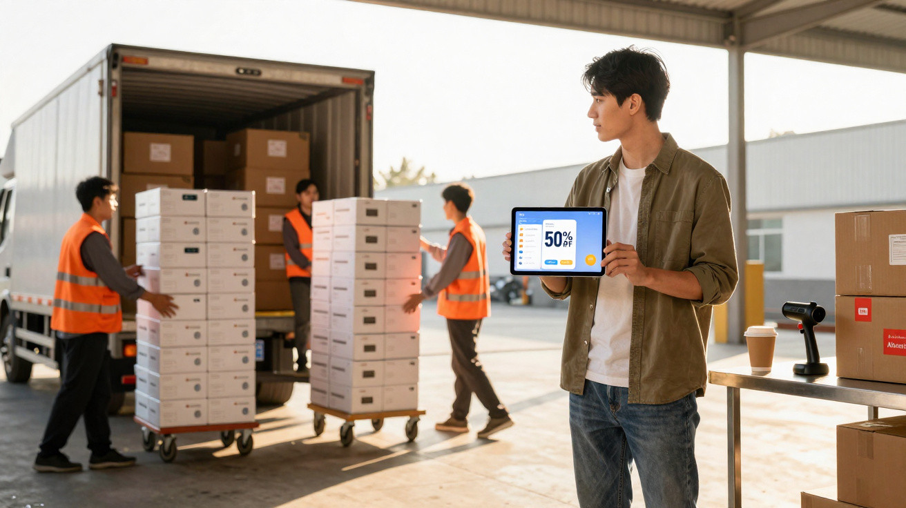 Mitarbeiter zeigt Tablet mit 50% Rabatt vor Lager und Arbeitern, die Kartons aus LKW laden.