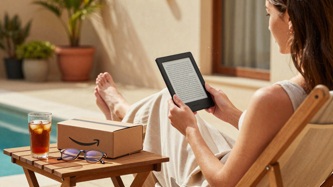 Frau sitzt draußen auf Liegestuhl, liest E-Book, neben ihr Amazon-Paket, Brille und Glas mit Getränk auf Holz-Tisch.