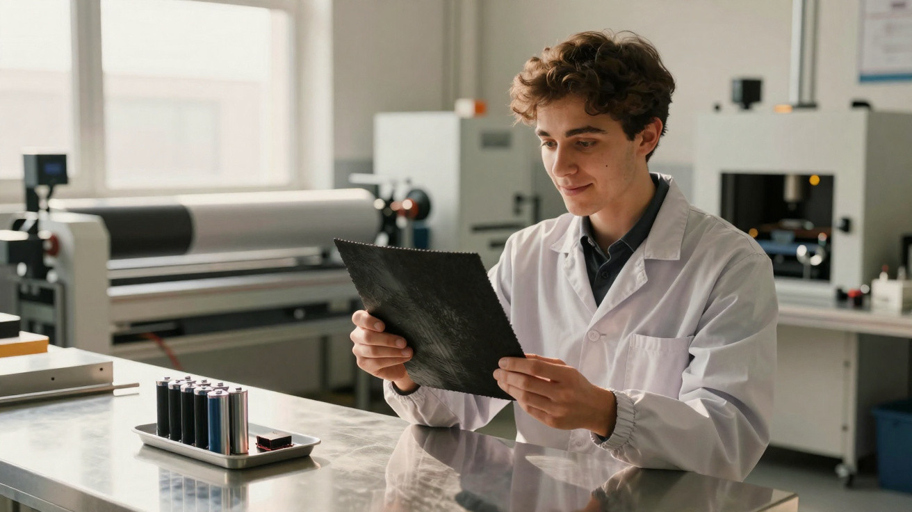 Junger Wissenschaftler im Labor hält und betrachtet sorgfältig ein rechteckiges Materialstück.