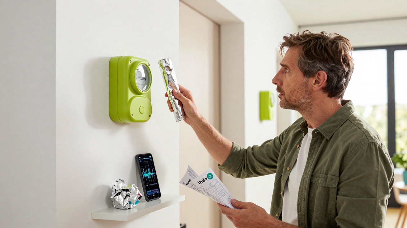 Mann liest Anleitung und hält Verpackung vor grünes Gerät an Wand, Smartphone mit Graf auf Regal.