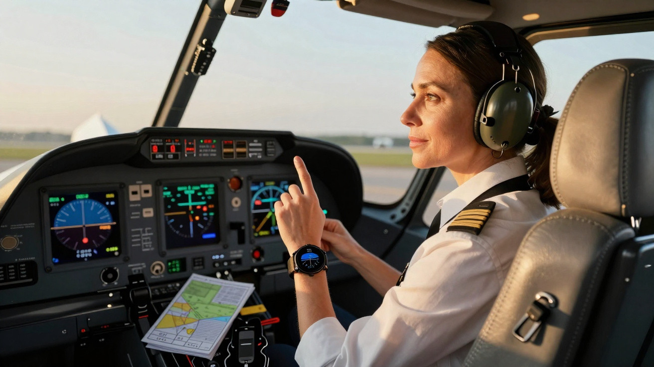 Pilotin mit Headset steuert Flugzeug im Cockpit bei Tageslicht mit sichtbaren Instrumenten und Navigationskarte.
