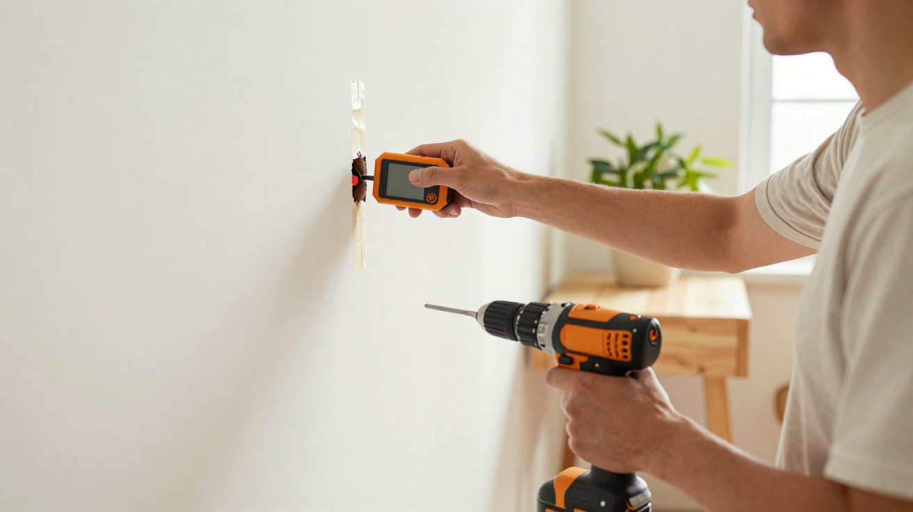 Person prüft mit einem Messgerät eine Wandsteckdose, hält einen Akku-Bohrer in der anderen Hand.