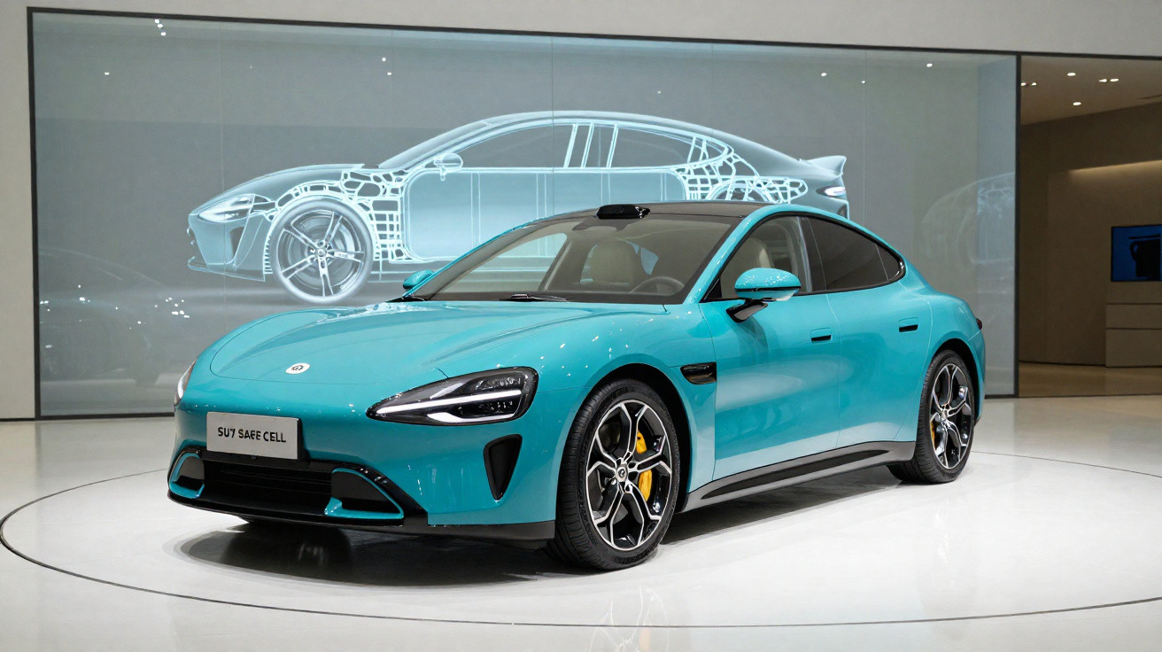 Türkisfarbener Sportwagen auf einer Messe mit technischer Fahrzeuggrafik im Hintergrund