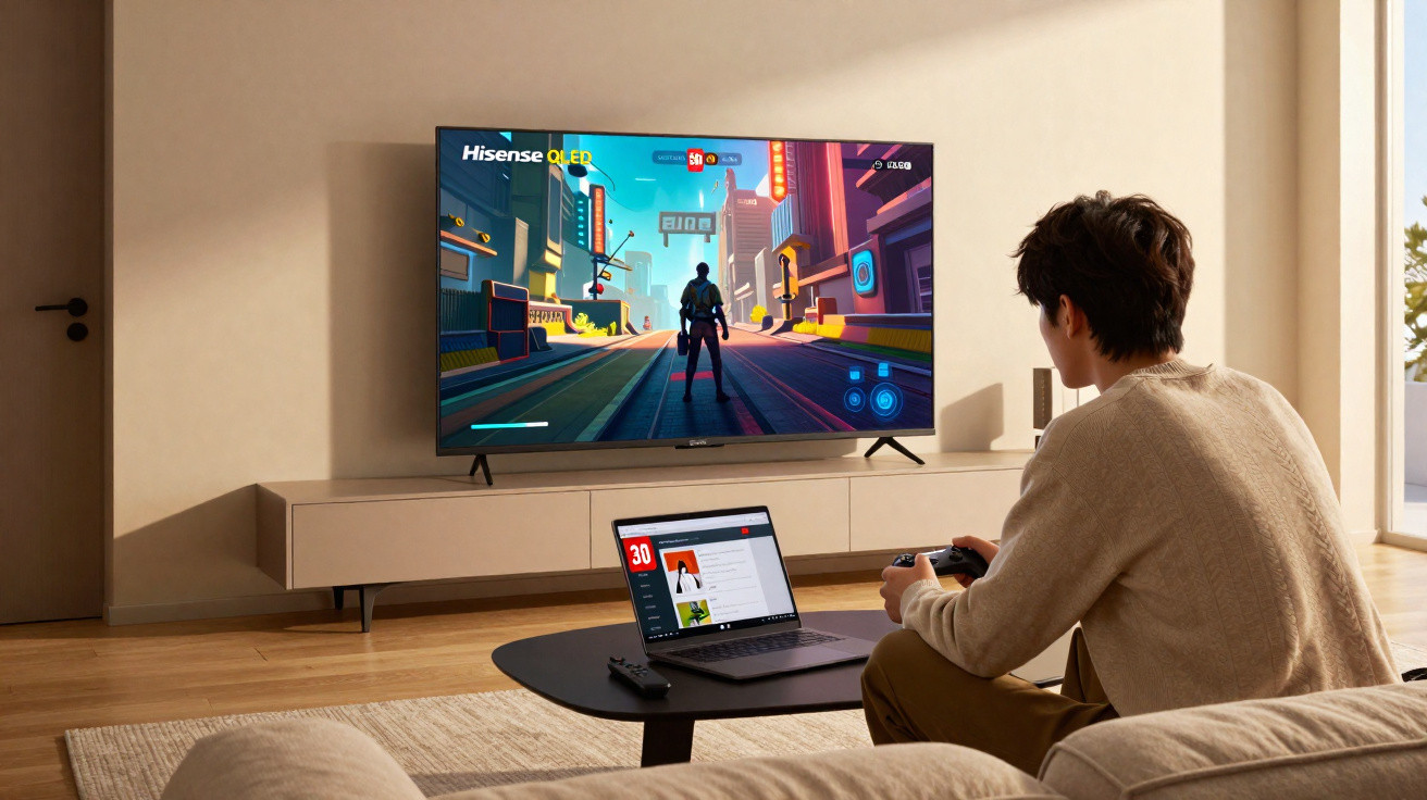 Person spielt Videospiel auf großem Hisense QLED Fernseher, Laptop auf kleinem Tisch im modernen Wohnzimmer.