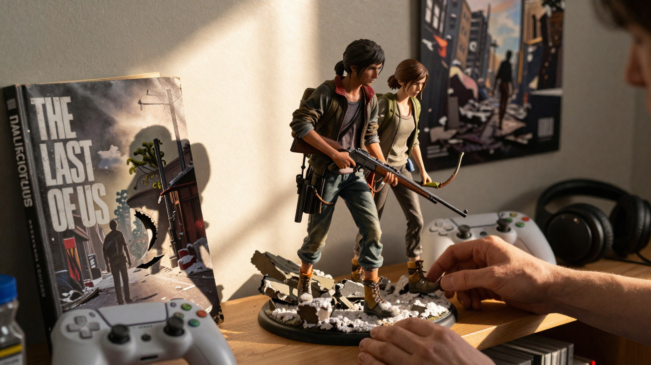 Figurensammlung von The Last of Us mit Videospiel-Controllern, Kopfhörern und Poster im Hintergrund.