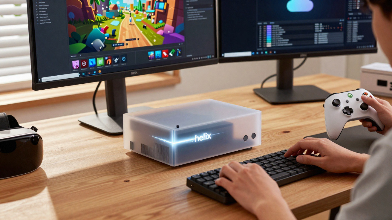 Person spielt Videospiel mit Controller, zwei Monitoren und Computergehäuse mit leuchtendem "helix"-Logo auf Holztisch.