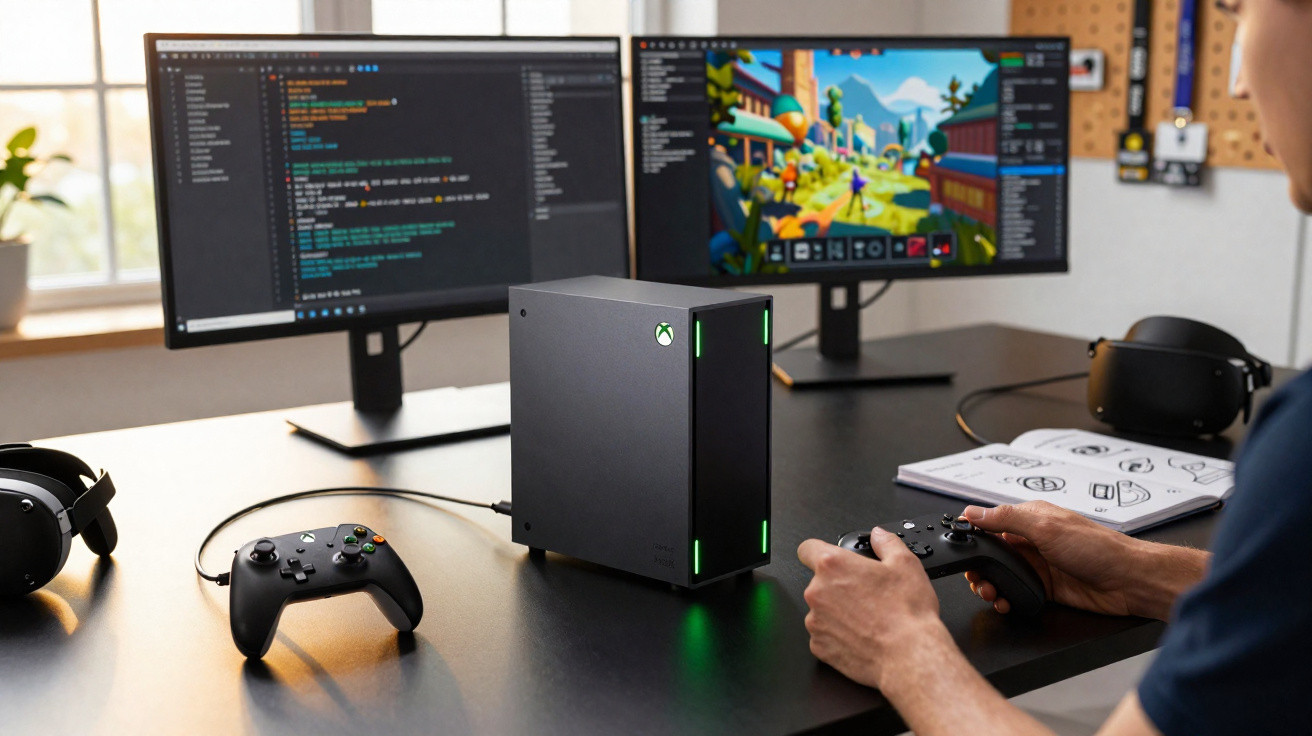 Person spielt Videospiel an Xbox Series X mit zwei Monitoren, einem Controller und Kopfhörern auf Schreibtisch.