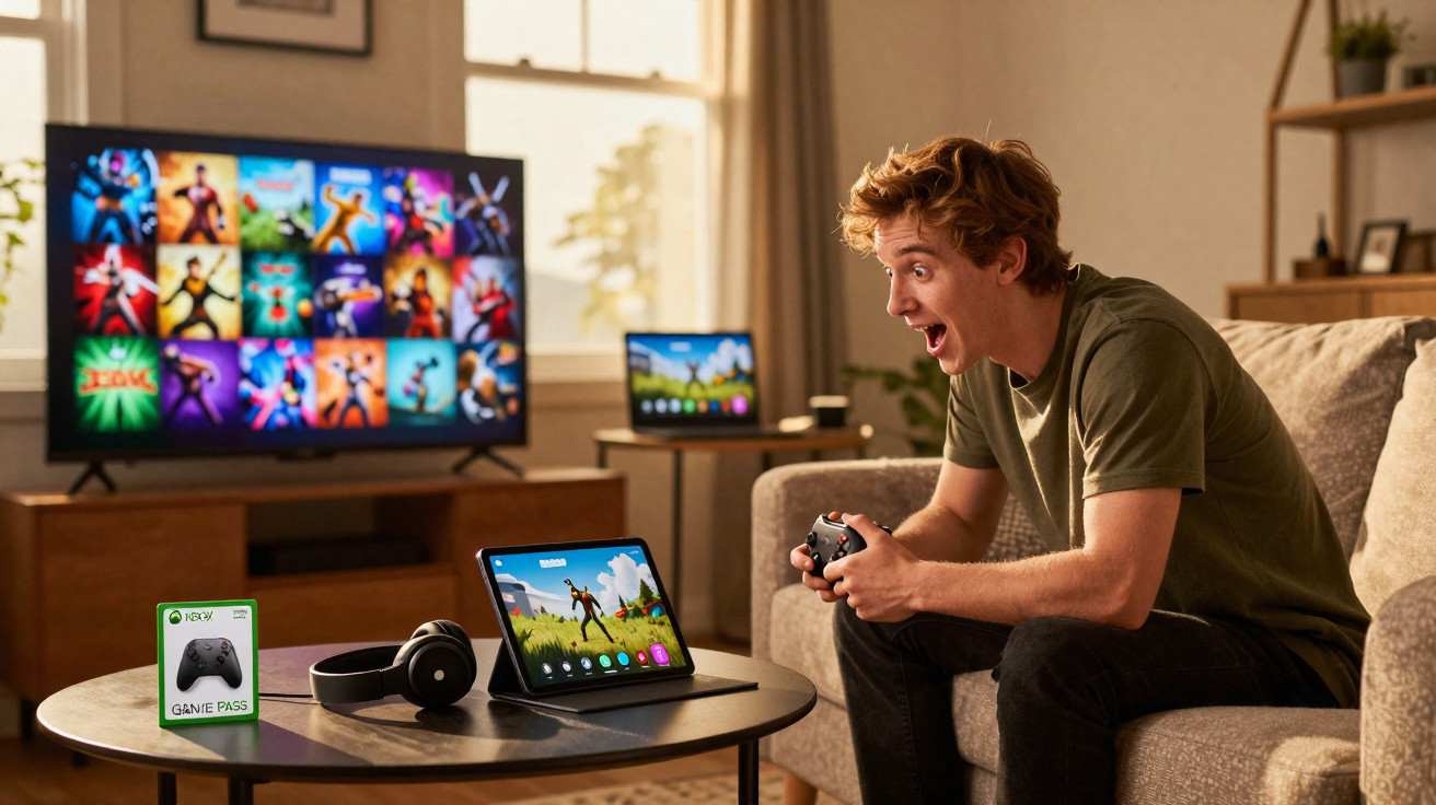Junger Mann spielt mit Xbox-Controller Videospiele auf Tablet in gemütlichem Wohnzimmer.