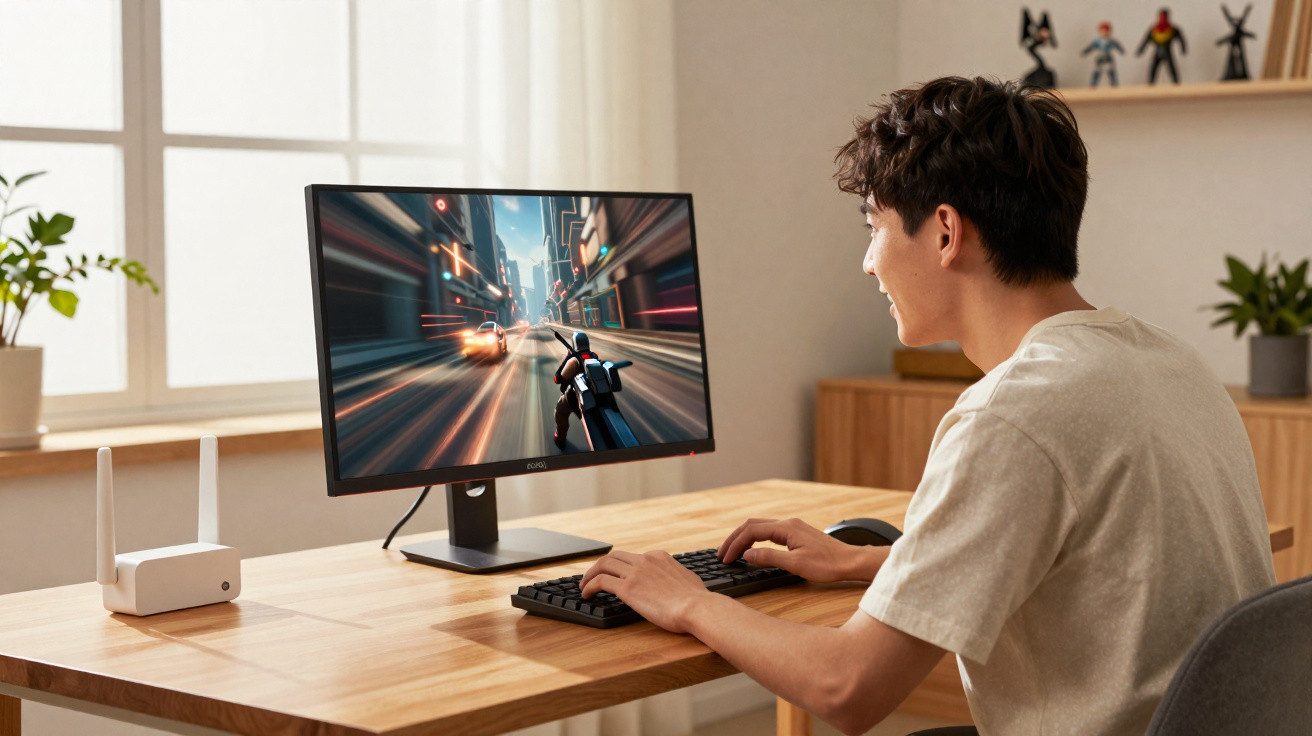 Junger Mann spielt ein rasantes Motorrad-Rennspiel an einem PC in einem hellen Zimmer.