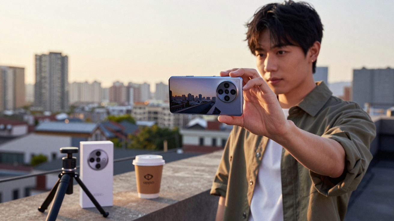 Junger Mann hält Smartphone mit reflektierendem Skyline-Bild beim Selfie auf einer Dachterrasse.