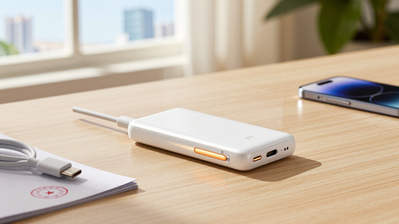 Weißes tragbares Ladegerät mit Kabel, Smartphone und USB-C-Kabel auf hellem Holztisch.