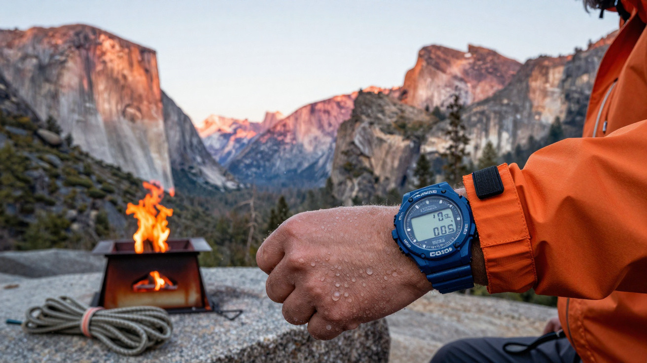 Hand mit wasserdichter Uhr und orangefarbener Jacke vor Berglandschaft und Lagerfeuer im Freien.