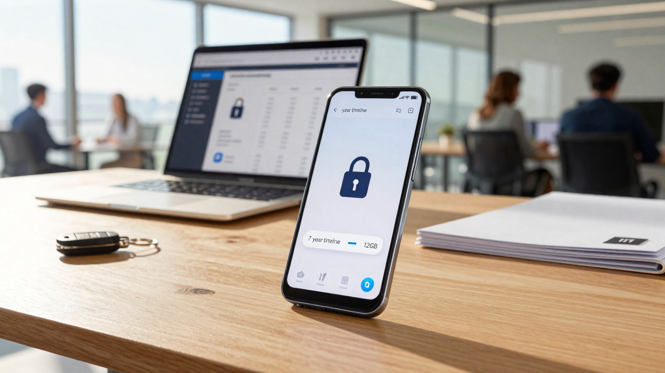 Smartphone mit fester Schlossgrafik neben Laptop auf Schreibtisch in Büro mit Personen im Hintergrund.
