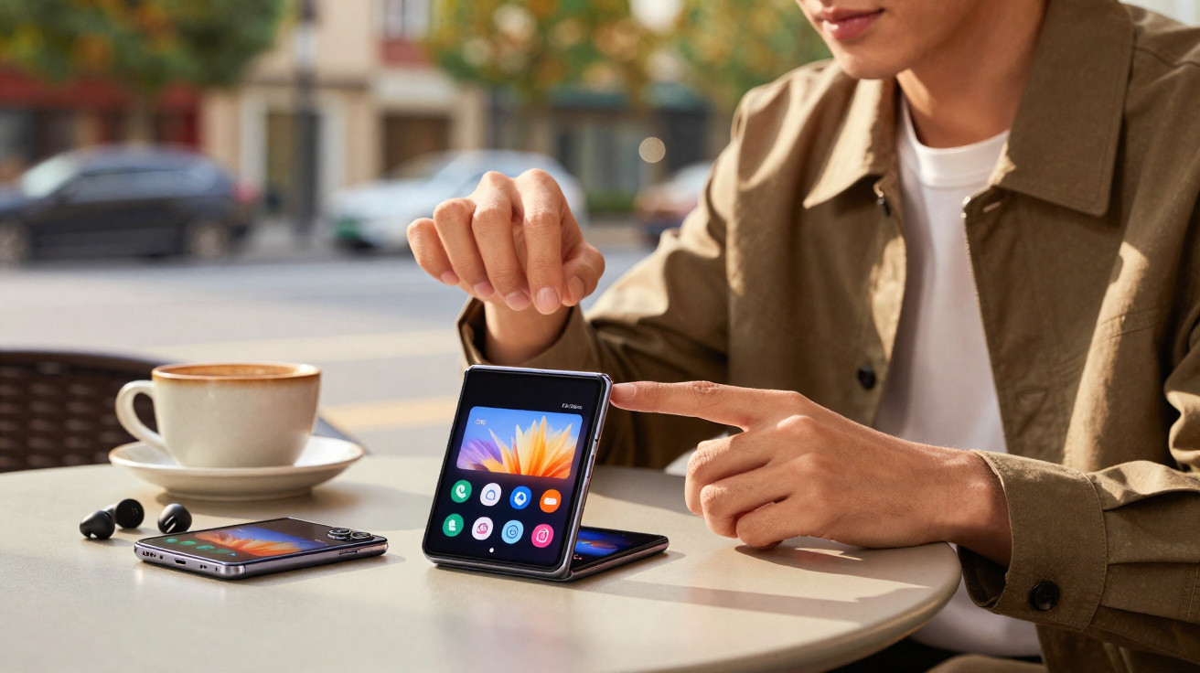Person zeigt auf ein aufgeklapptes faltbares Smartphone auf einem Café-Tisch mit Kaffee und Kopfhörern.