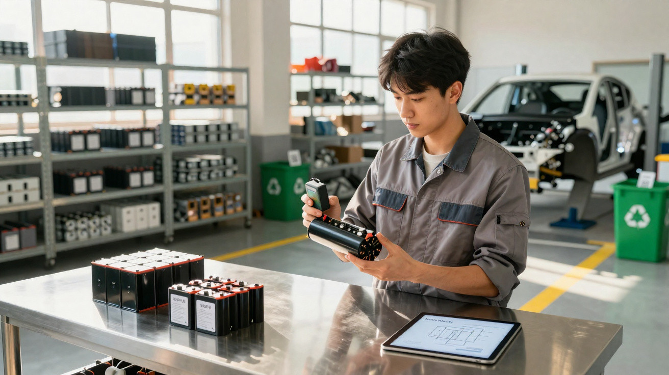 Techniker prüft Batteriepakete auf einem Metalltisch in einer Produktionshalle mit Tablet und Recyclingbehältern.