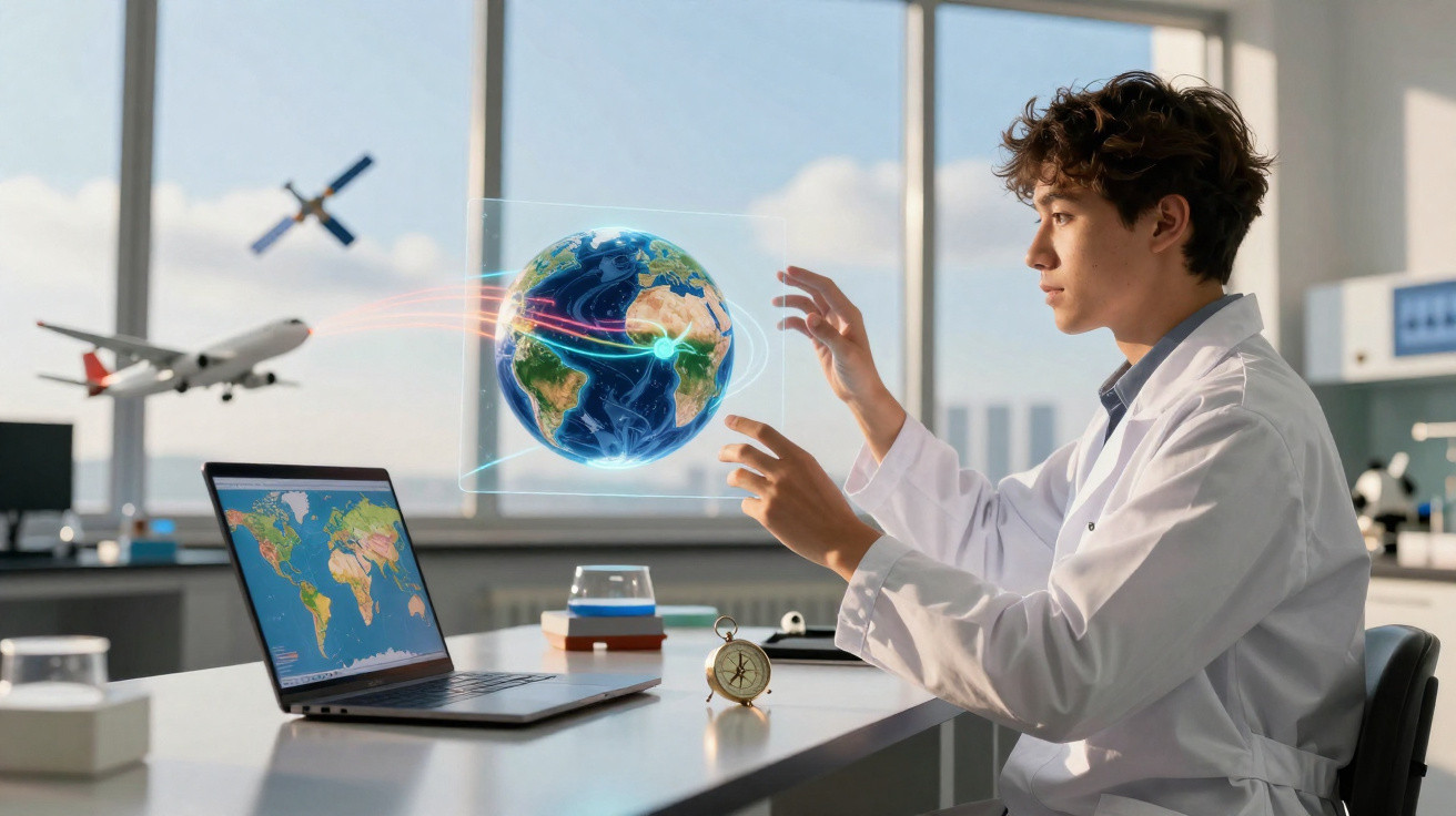 Junger Wissenschaftler im Labor interagiert mit holografischem Globus und Luftverkehrssimulation.