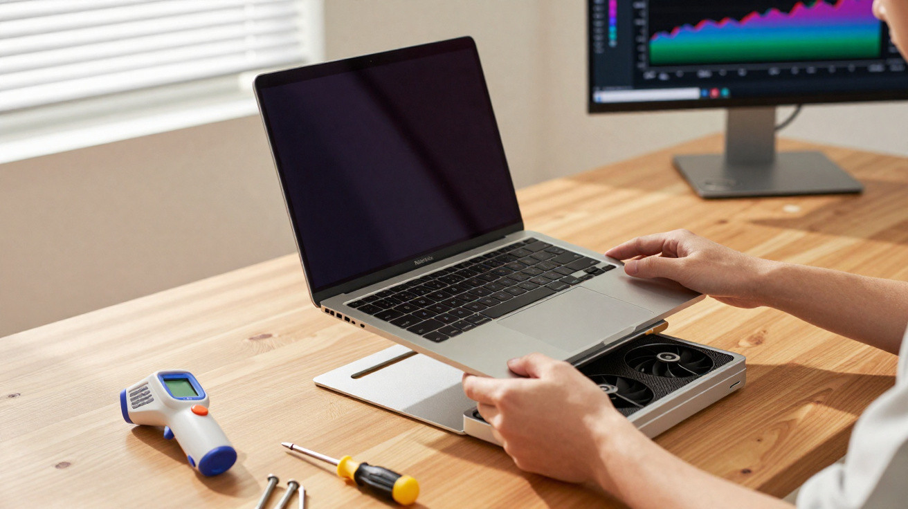 Person öffnet einen Laptop auf dem Schreibtisch neben Schraubenzieher und Infrarot-Thermometer.