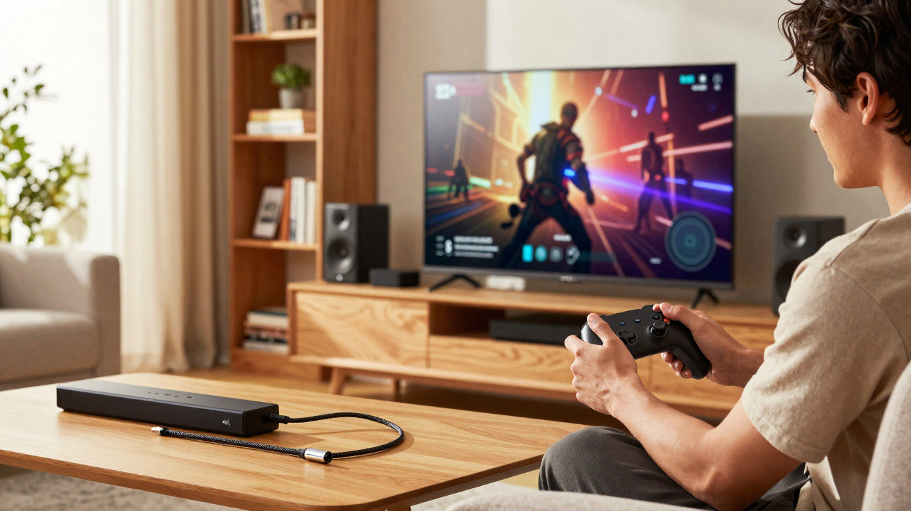 Mann sitzt auf Sofa und spielt Videospiel mit Controller, Fernseher zeigt actiongeladenes Spiel im Wohnzimmer.
