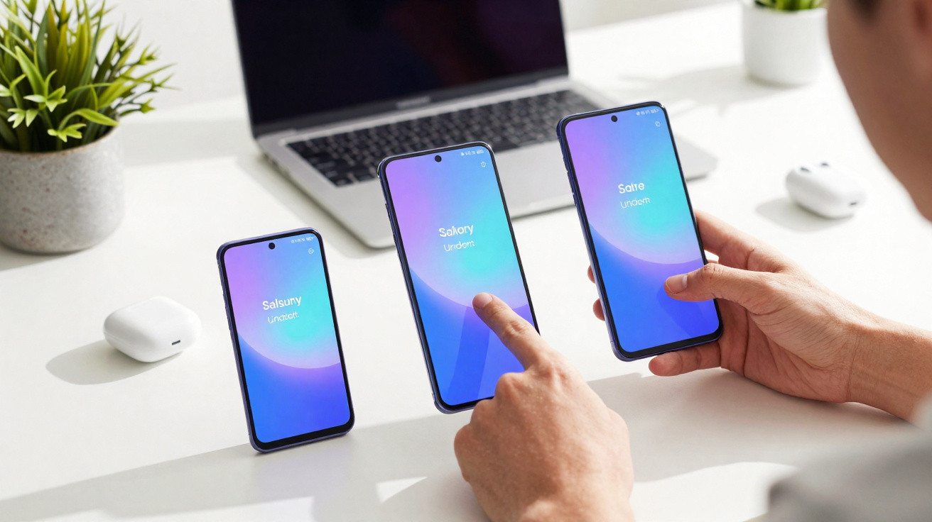 Drei Smartphones mit blauem Bildschirm auf weißem Tisch, Person bedient eines, Laptop und Pflanze im Hintergrund.