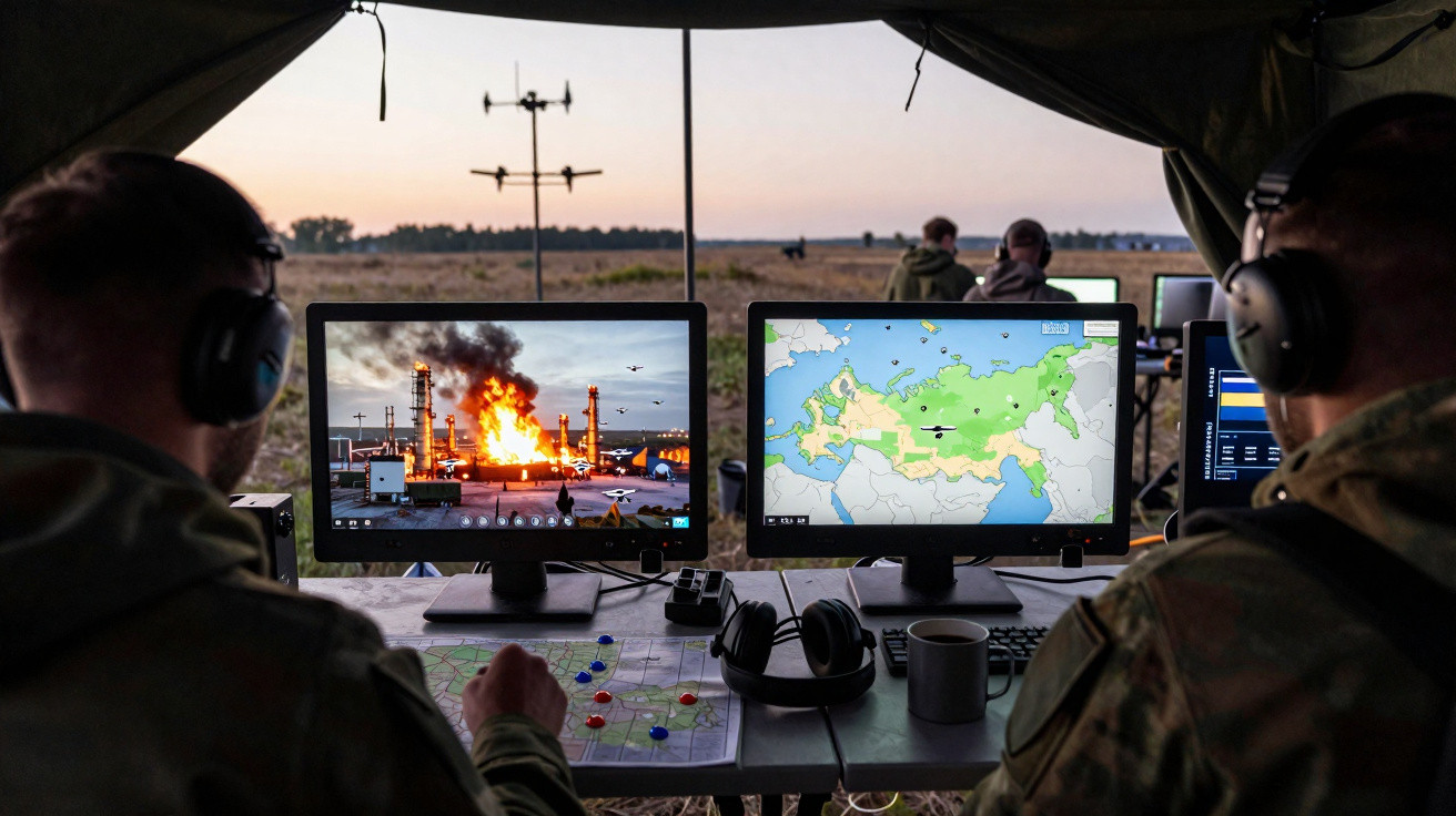 Zwei Soldaten beobachten am Tisch mit Monitoren und Karten eine brennende Anlage und eine Landkarte im Freien.