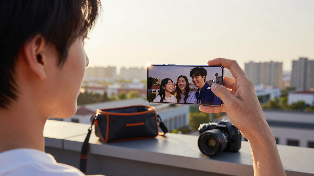Person macht Selfie mit Smartphone von drei lachenden Freunden auf einem Dach bei Sonnenuntergang.