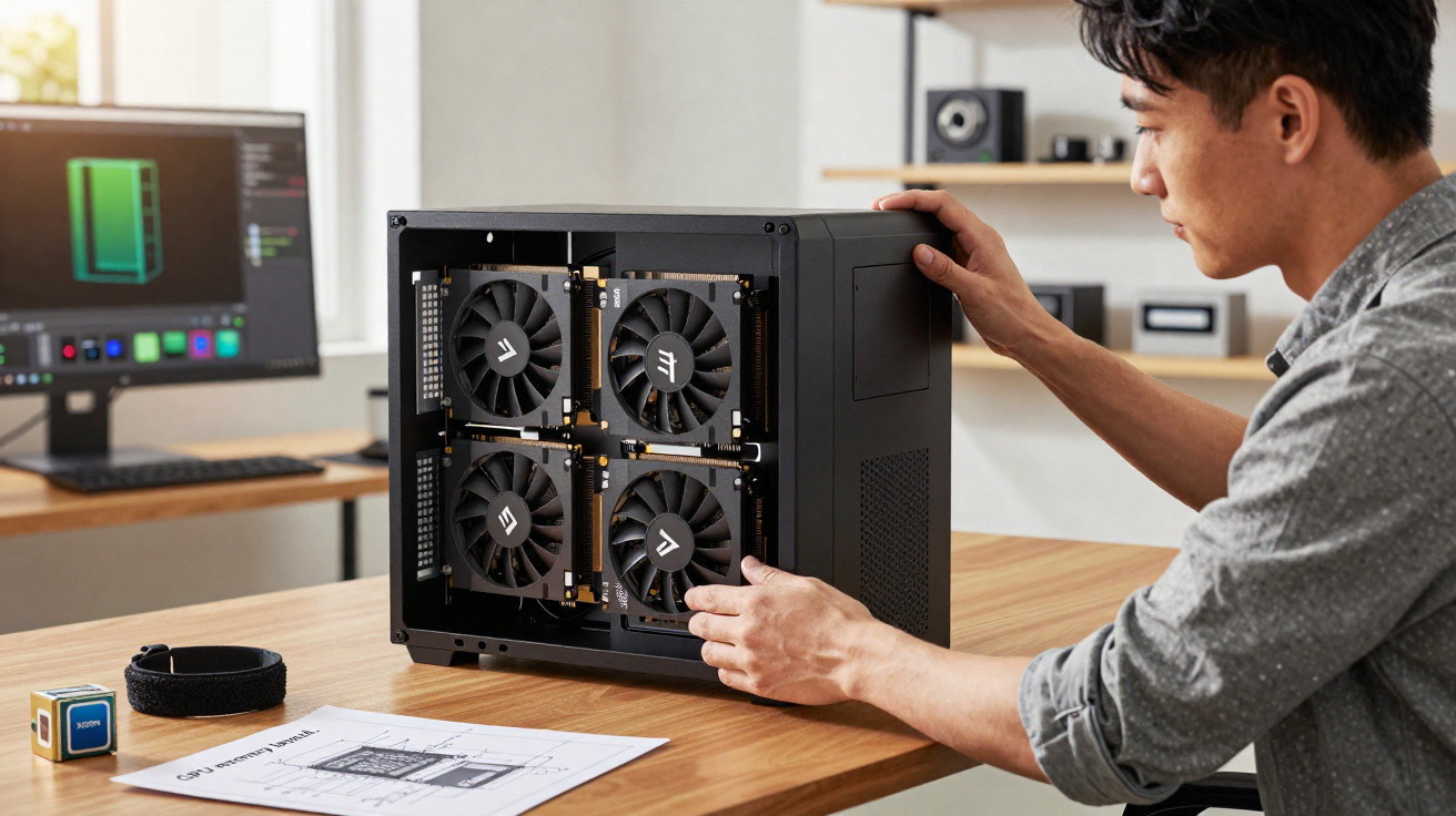 Mann montiert vier Lüfter in einem PC-Gehäuse auf einem Schreibtisch mit technischem Handbuch.